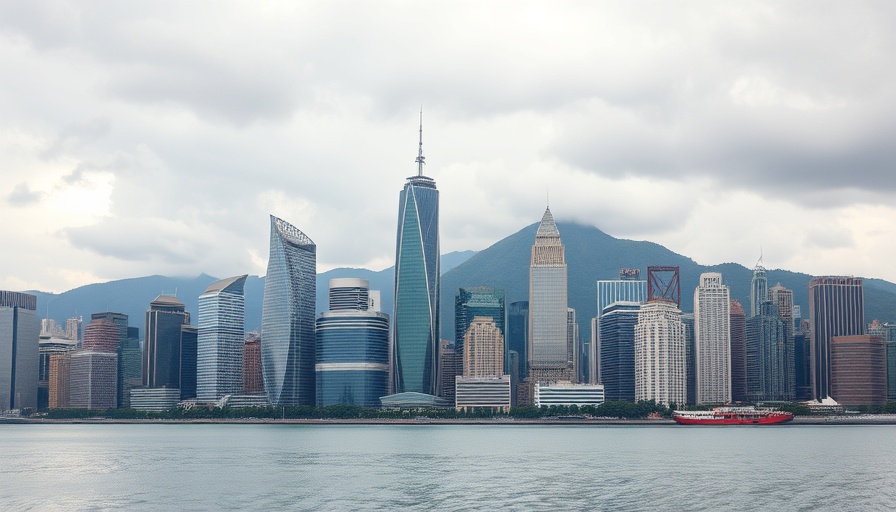 Skyscrapers and waterfront view with mountain backdrop under cloudy sky.
