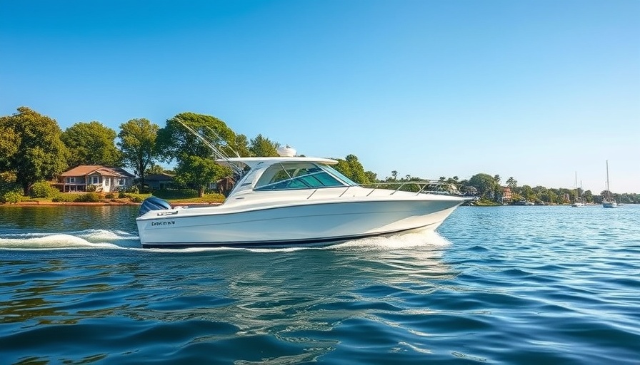 Sleek fishing boat on calm Florida waters under clear blue sky.