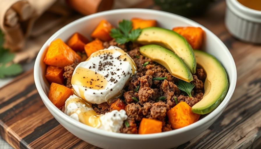 Sweet Potato Hot Honey Ground Beef Bowl with avocado and cottage cheese.