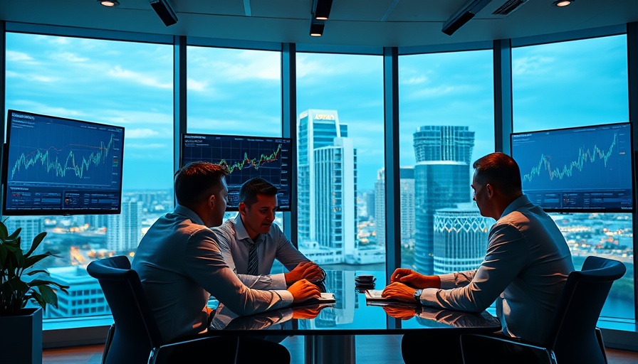Miami condo developers discussing crypto investments in urban office.
