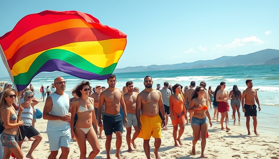 LGBTQIA+ beach destination with rainbow flag and diverse beachgoers.
