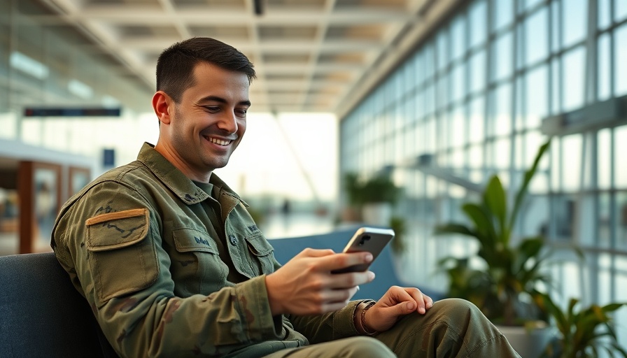 Soldier using phone in airport, military travel discounts