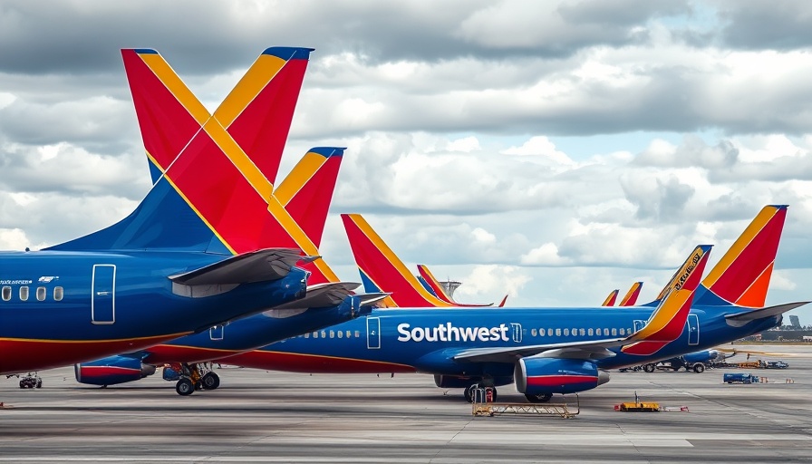 Southwest Airlines planes at airport gate area, cloudy day.