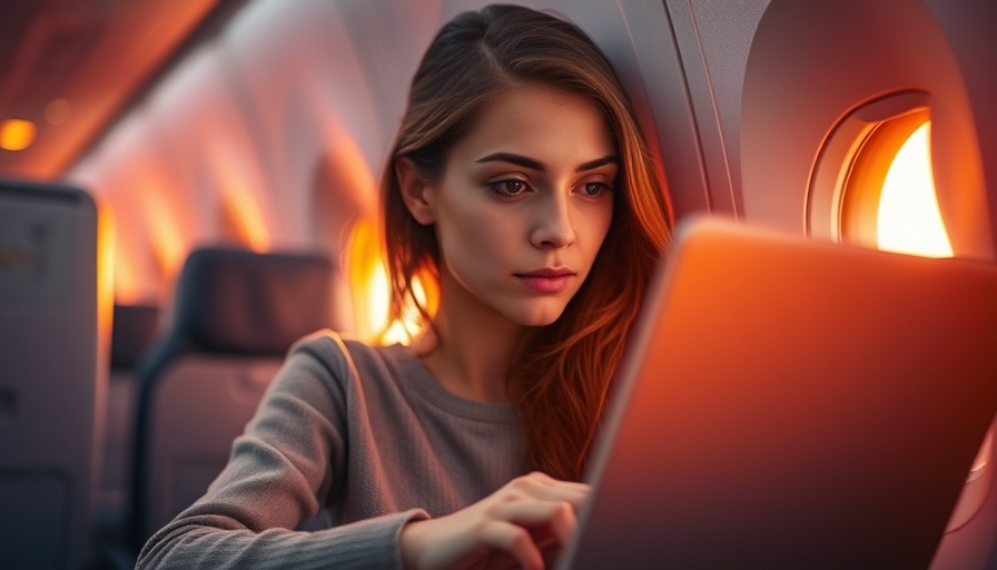 Young woman working on laptop during flight, sunset.