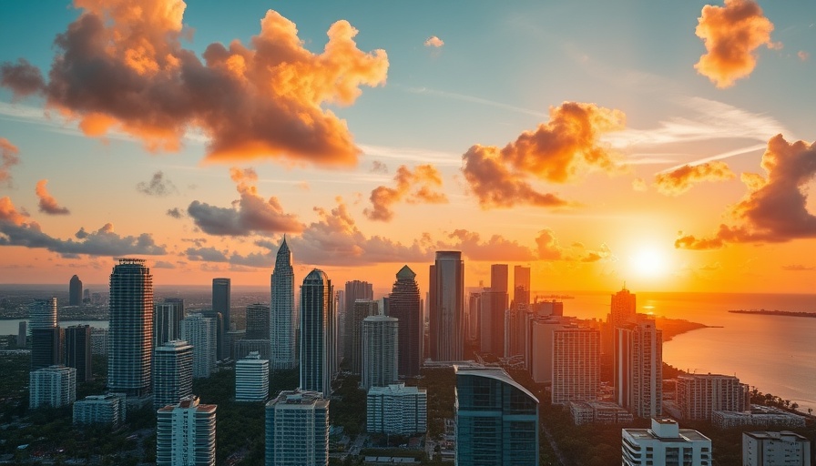 Aerial view of Miami skyline at sunset with skyscrapers, highlighting city's vibrancy.