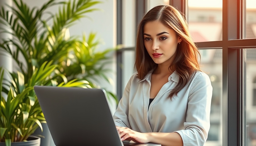 Young woman using laptop on a sunny balcony.