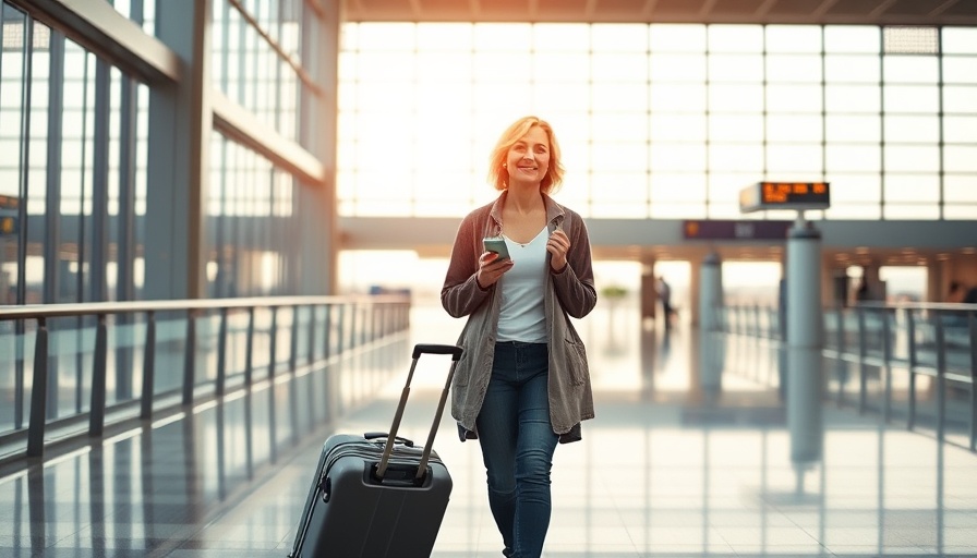 Mid-age woman at airport with suitcase and phone, economy-class flyer concept.