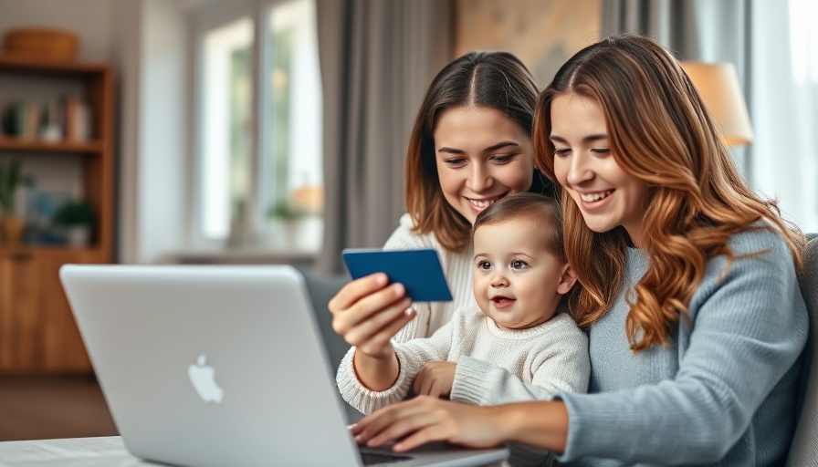 Mother paying bills with a credit card, baby nearby.
