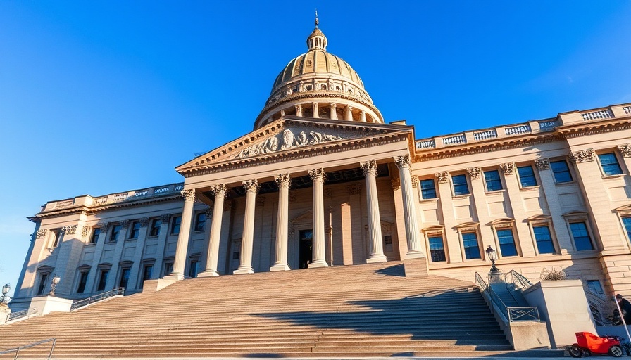 Grand government building showcasing dome and columns under blue sky.