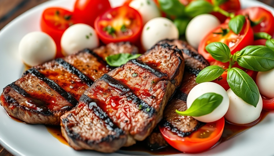 Seared Balsamic Steak Caprese on a white plate with colorful salad.