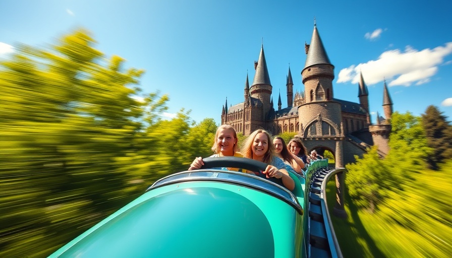 Excited riders on Hagrid's Coaster at Universal, Hogwarts in background.