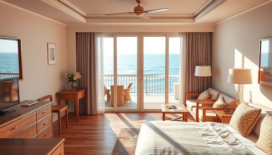 Luxury hotel room with ocean view, elegant decor, new opening.
