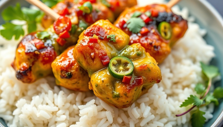 Flavorful green curry chicken skewers on rice.