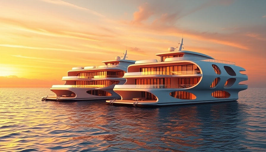 Luxurious floating condos in serene ocean with sunset sky.