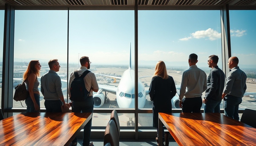Travelers at airport window observing planes for daytime flights from New York to London