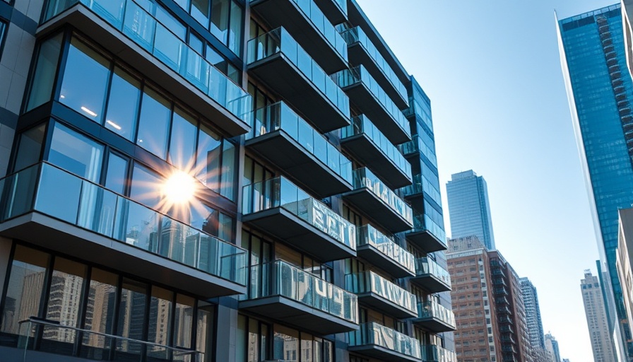 Modern city apartment building reflecting sunlight.