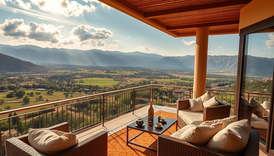 Terrace view of Atlas Mountains detour from Marrakech with seating.