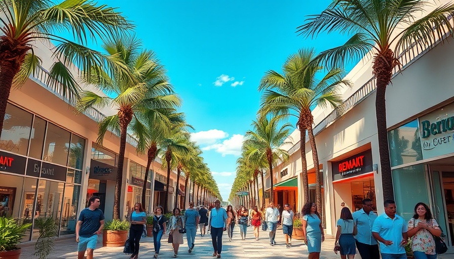 Florida shopping area with lively crowd and lush surroundings.