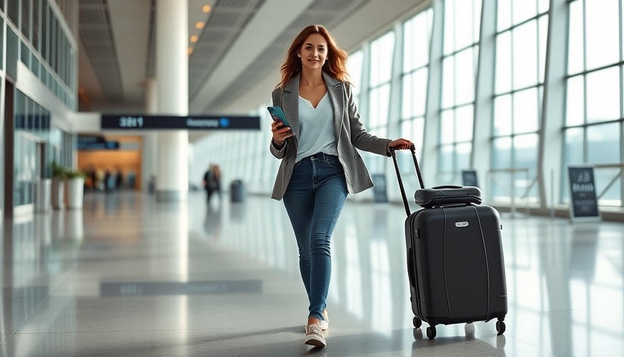 Young woman with suitcase at airport, exploring credit card benefits.