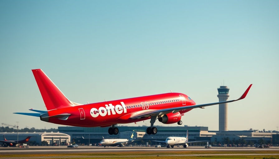 Play Airlines red jet takes off as US flights end, cloudy sky, control tower.