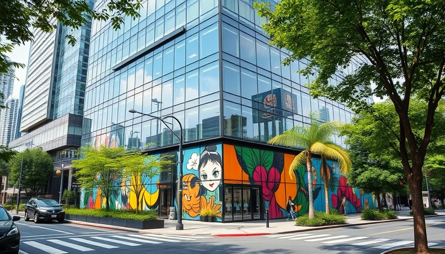 Modern office building in Wynwood with glass facade and murals.