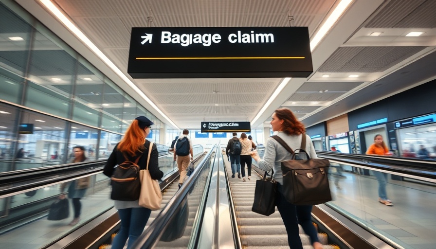 Dynamic airport scene with travelers and baggage claim sign.