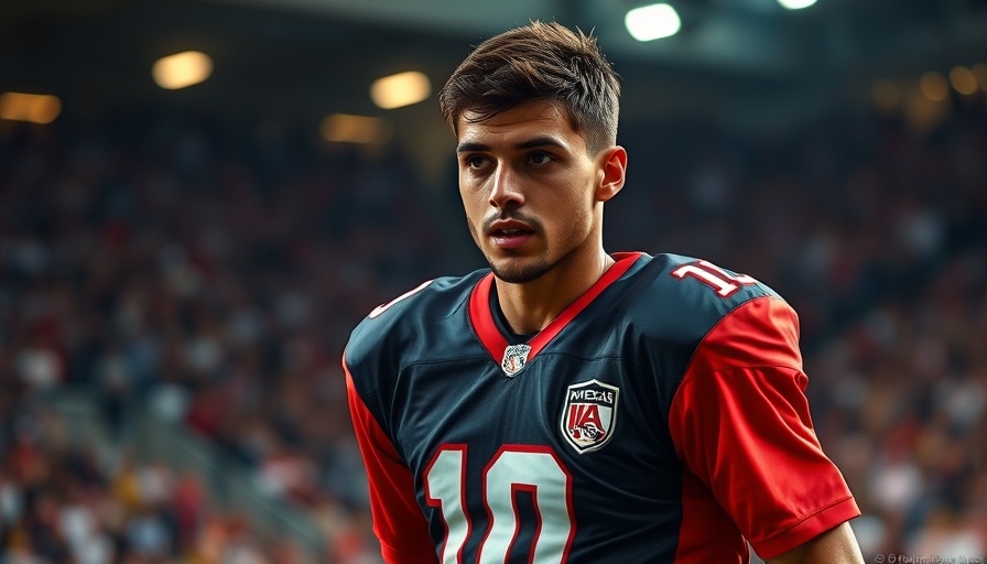 Kyle Pitts in black and red football uniform, determined look during NFL game.