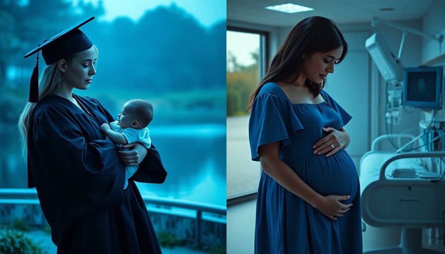 Pregnant woman in blue dress with child, hospital backdrop.