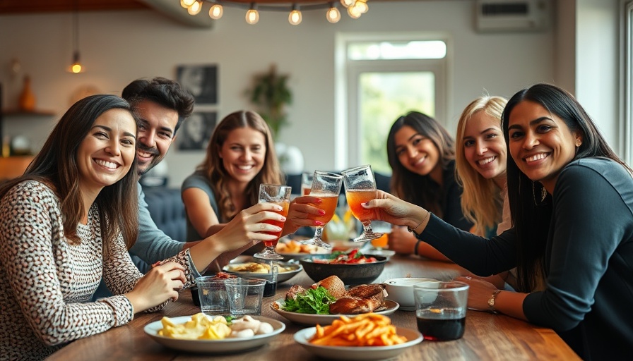 Diverse group toasting drinks at a dining table, alcohol-related cancer risk awareness.
