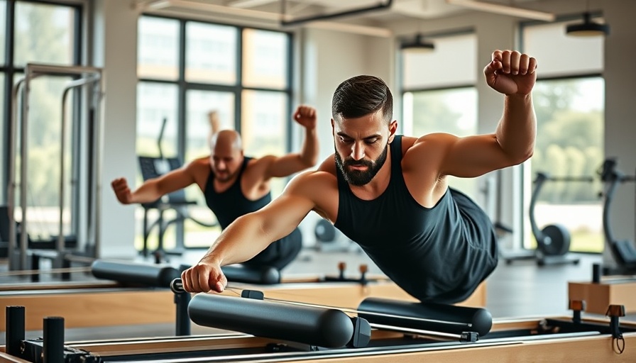 Men doing pilates exercises on reformers in a bright fitness studio.