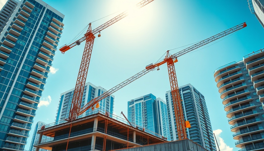 Miami apartment construction site with cranes and workers, vibrant cityscape.