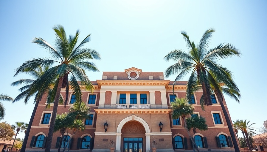 University entrance with palm trees related to tuition hikes out-of-state students Florida.