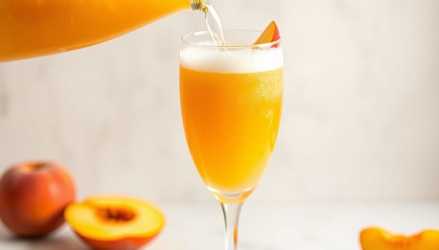 Refreshing frozen peach Bellini in a flute glass with champagne.