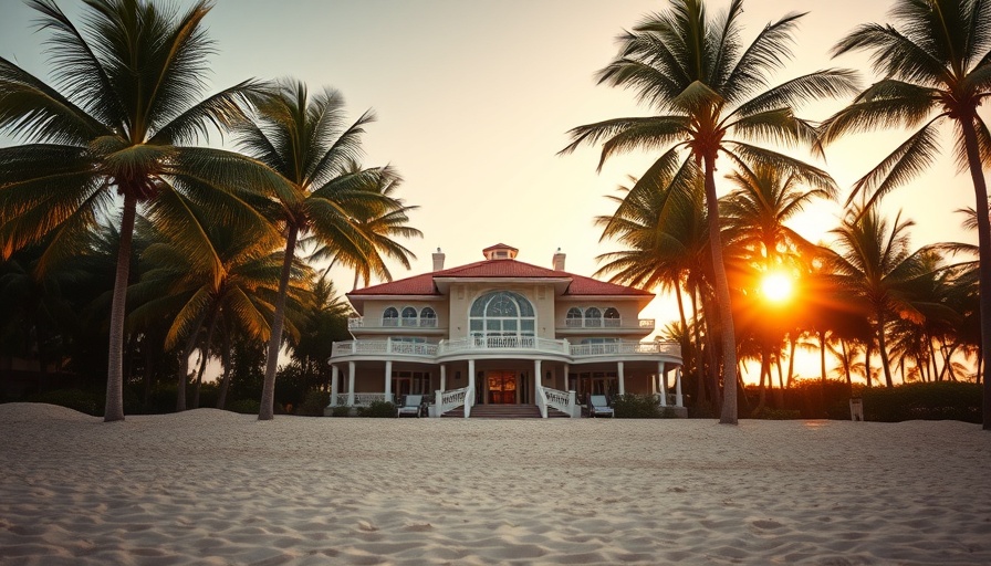 Luxurious beachfront mansion in Palm Beach at sunset.