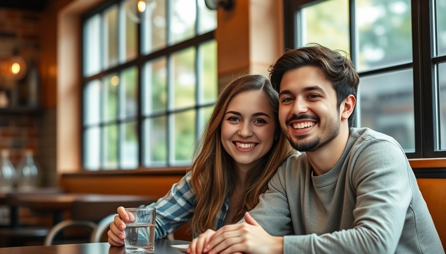 Smiling couple enjoying family travel tips in a bright cafe.