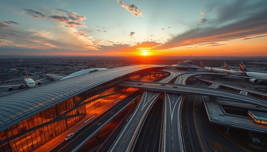 New JFK Terminal 6: Modern design with cityscape at sunset.