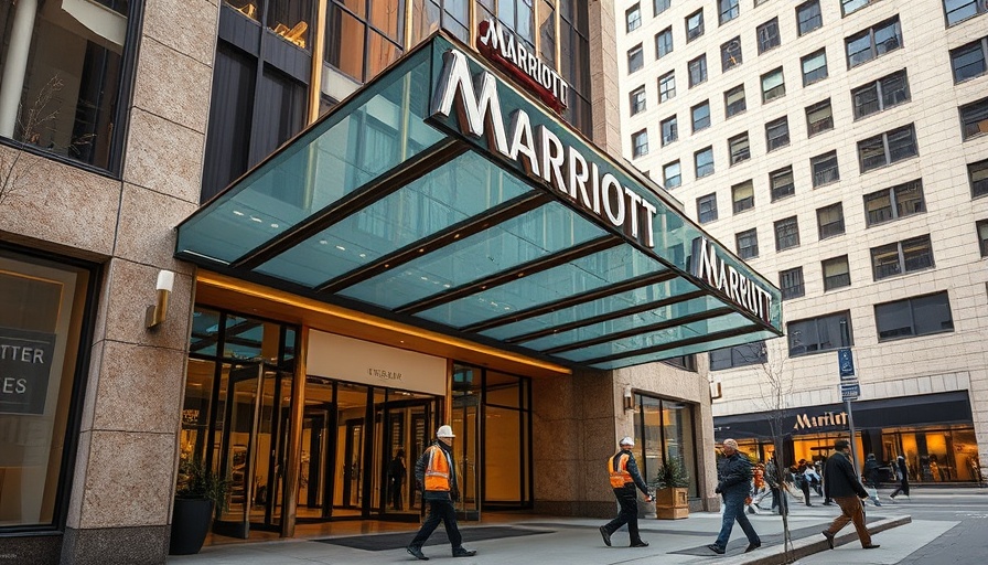 Marriott hotel entrance with workers and glass canopy