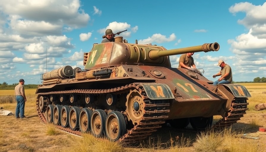 M4 military tank restoration with workers repairing it in a field.