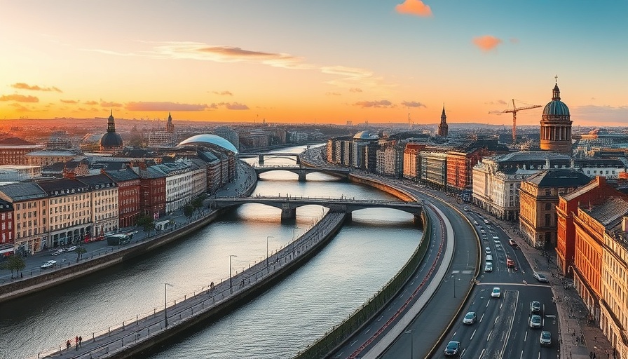 Scenic Dublin cityscape at sunset over river Liffey.
