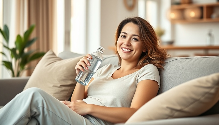 Relaxed woman with water bottle on sofa, bright home setting