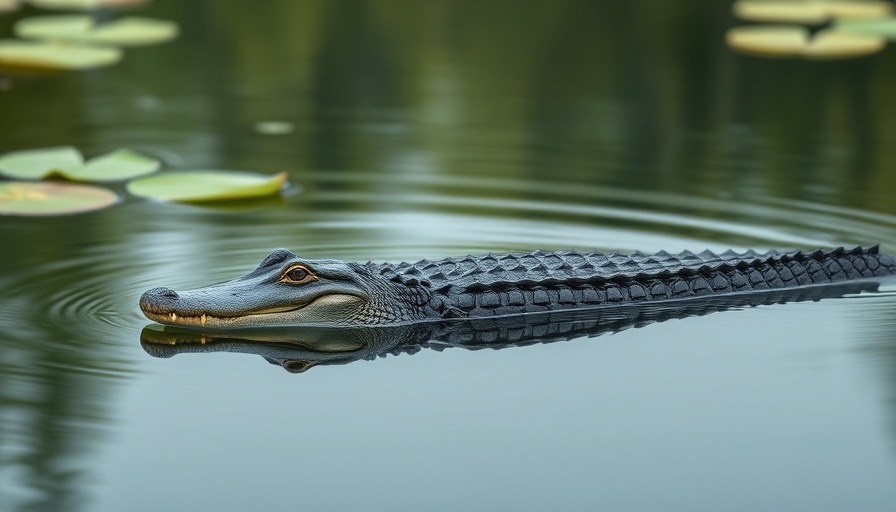 Alligator gliding near lily pads in peaceful water