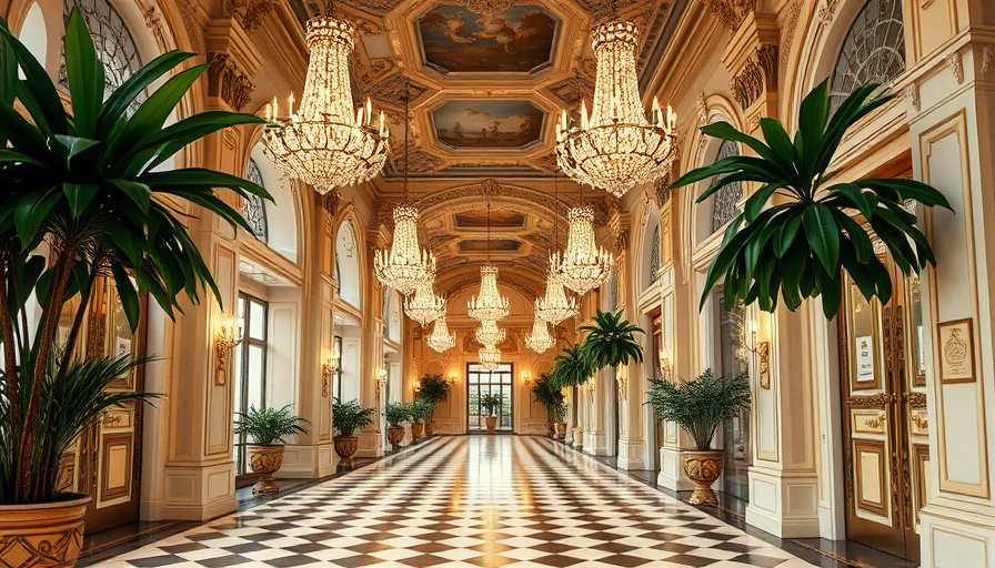 Elegant Waldorf Astoria New York hallway remodel with greenery and chandeliers.