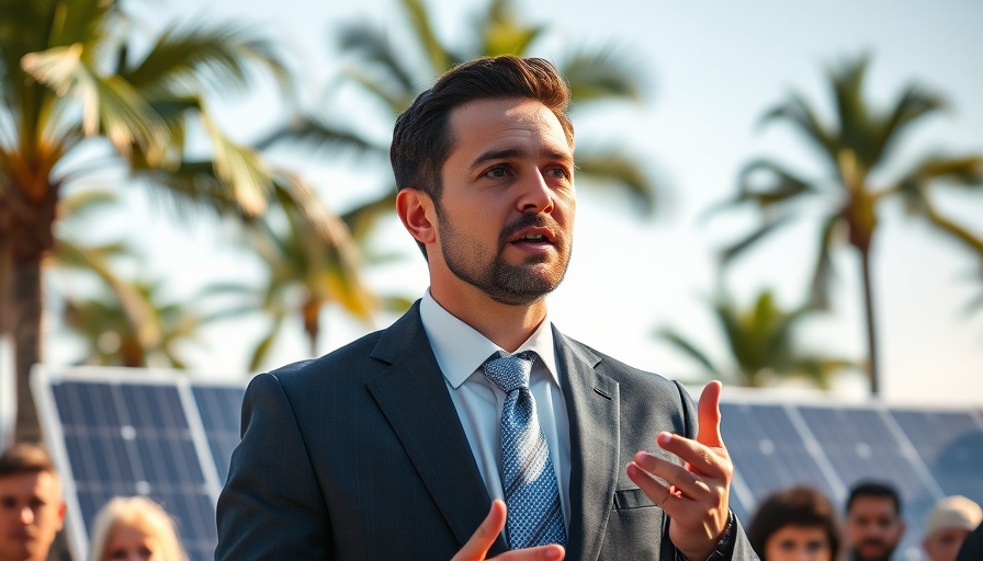 Man speaking with solar panel background in tropical setting.