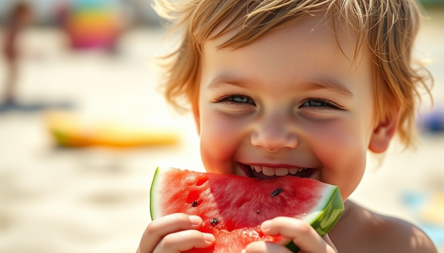 Toddler enjoying watermelon at the beach, healthy summer snacks for kids.