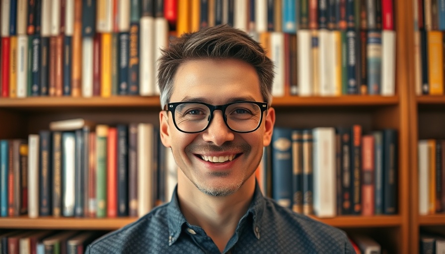 Man smiling in front of a bookshelf, highlighting microplastics and food safety.