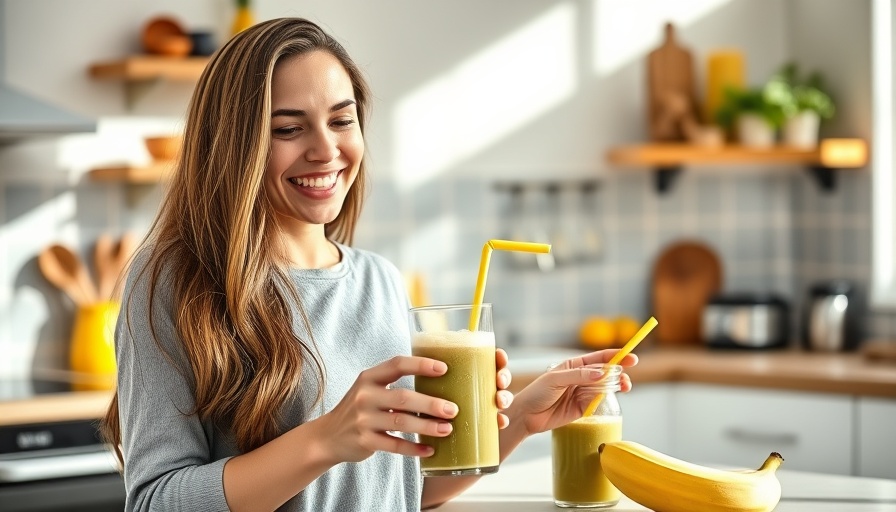 Smiling woman crafting a morning routine in a vibrant kitchen