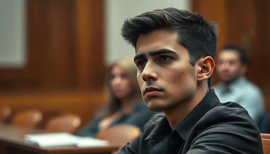 Serious young man in courtroom, focused with blurred background.