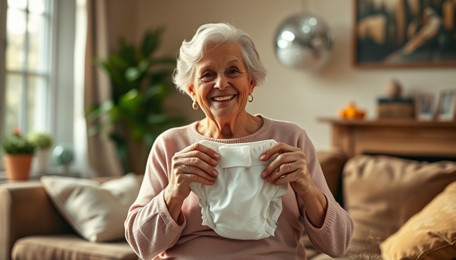 Smiling older woman holding adult diaper, highlighting market growth.
