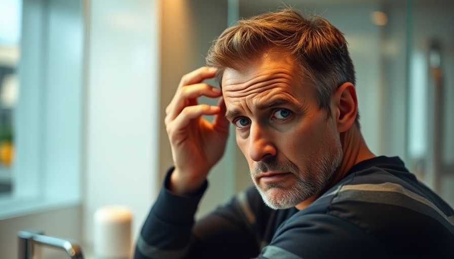Hair restoration solution for men - examining hairline in mirror.