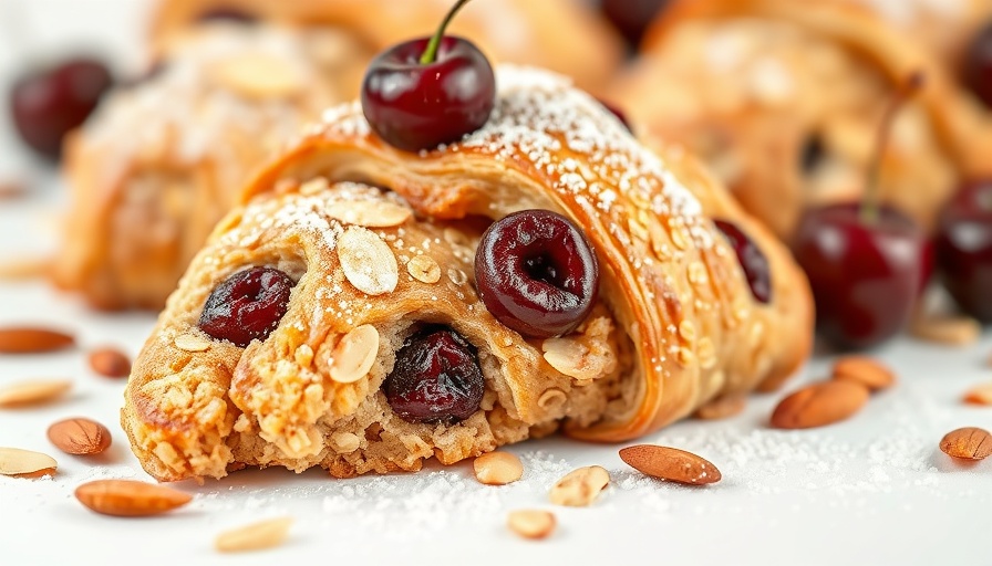 Cherry almond croissant baked oats with powdered sugar and cherries.